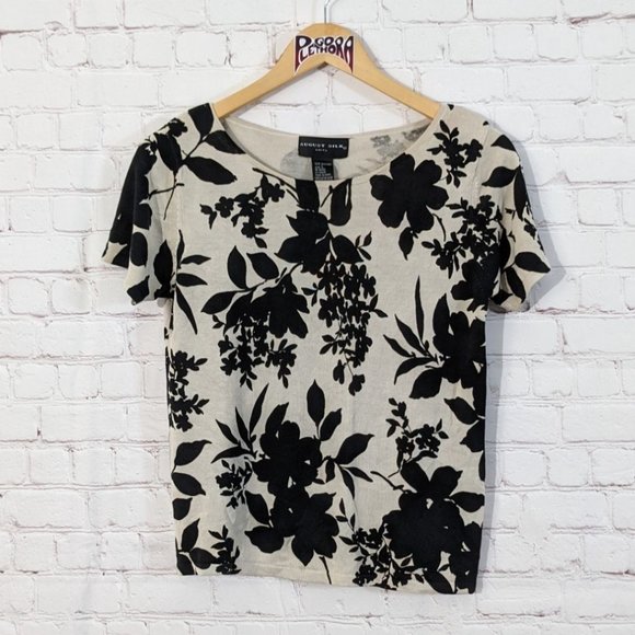 august silk Tops - 💎 August Silk Knits Floral Tee Black/Tan L